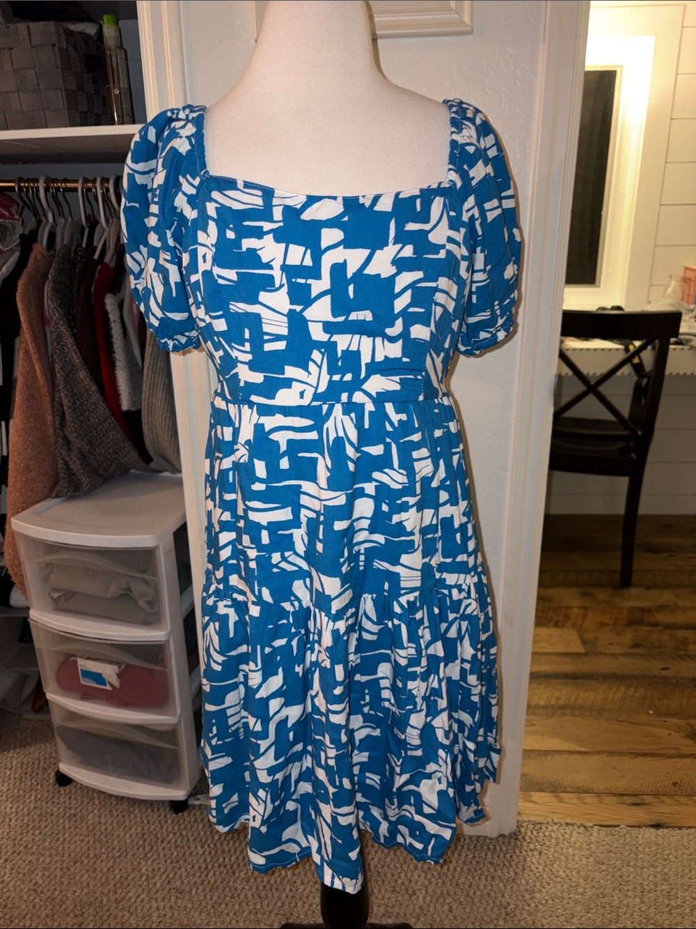 Blue & White Abstract Square-Neck Midi Dress